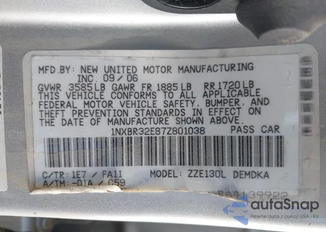 2007 Toyota Corolla Ce from USA, damaged, VIN 1NXBR32E87Z801038